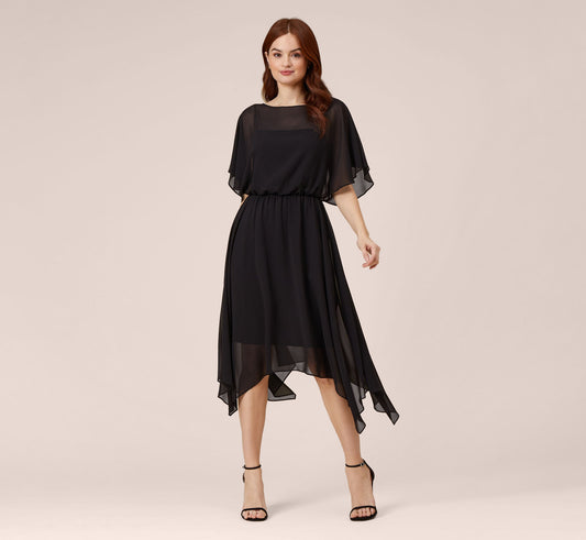 Chiffon Blouson Midi Dress With Flutter Sleeves - Black | Adrianna Papell