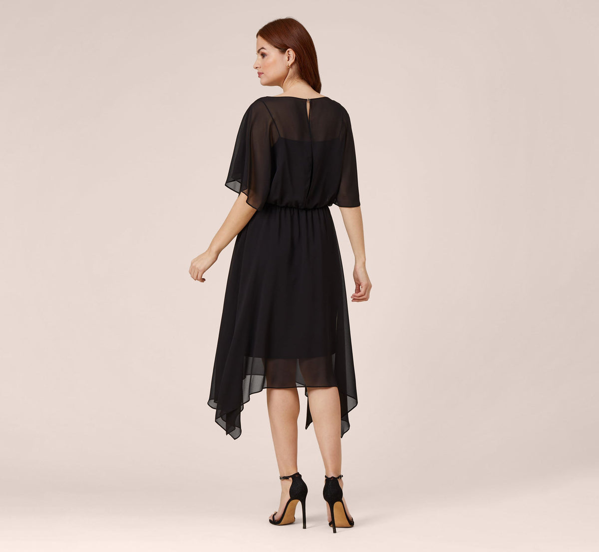 Chiffon Blouson Midi Dress With Flutter Sleeves - Black | Adrianna Papell