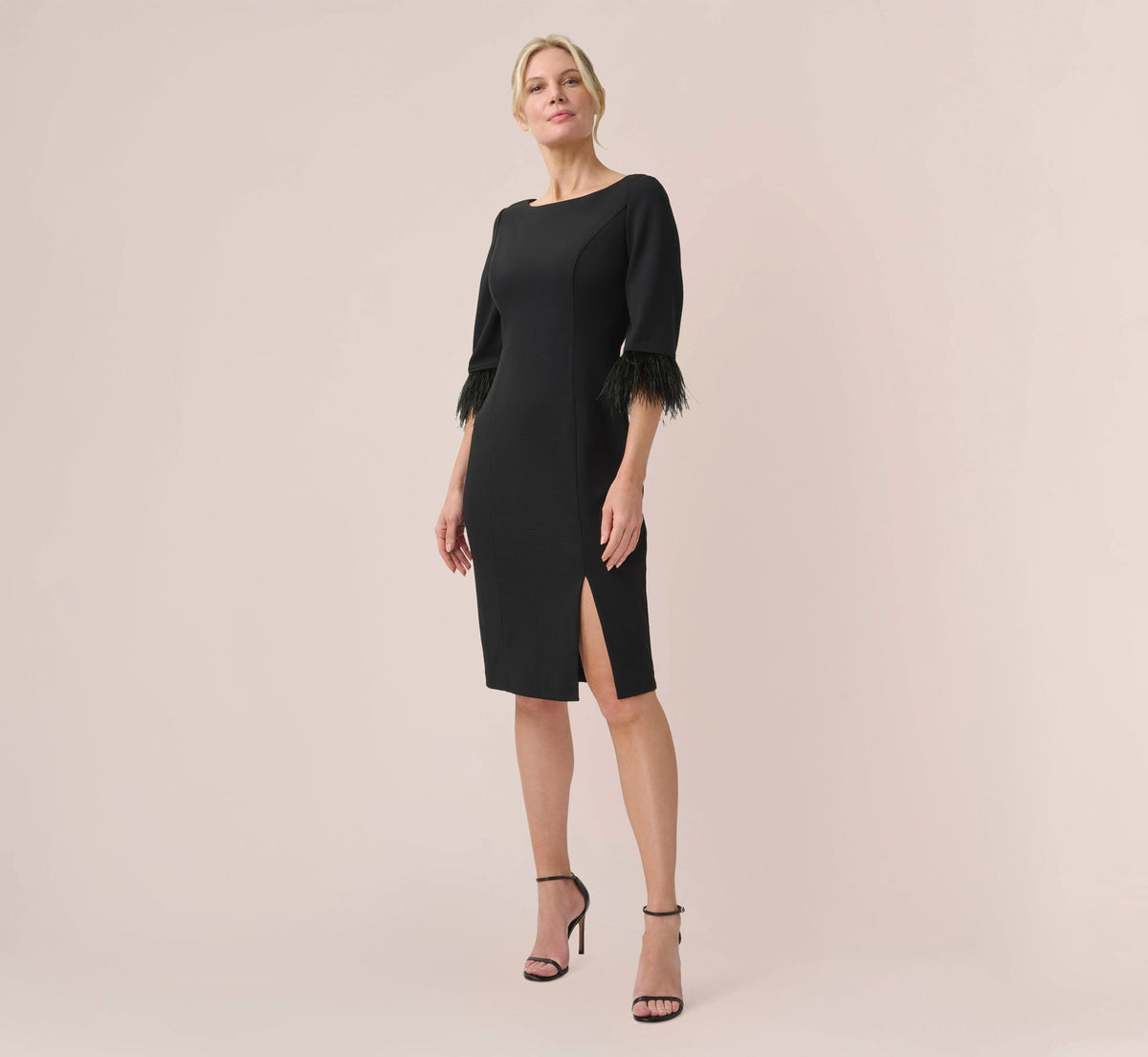 Crepe Sheath Dress With V-Back And Feather-Trim Sleeves - Black | Adrianna Papell