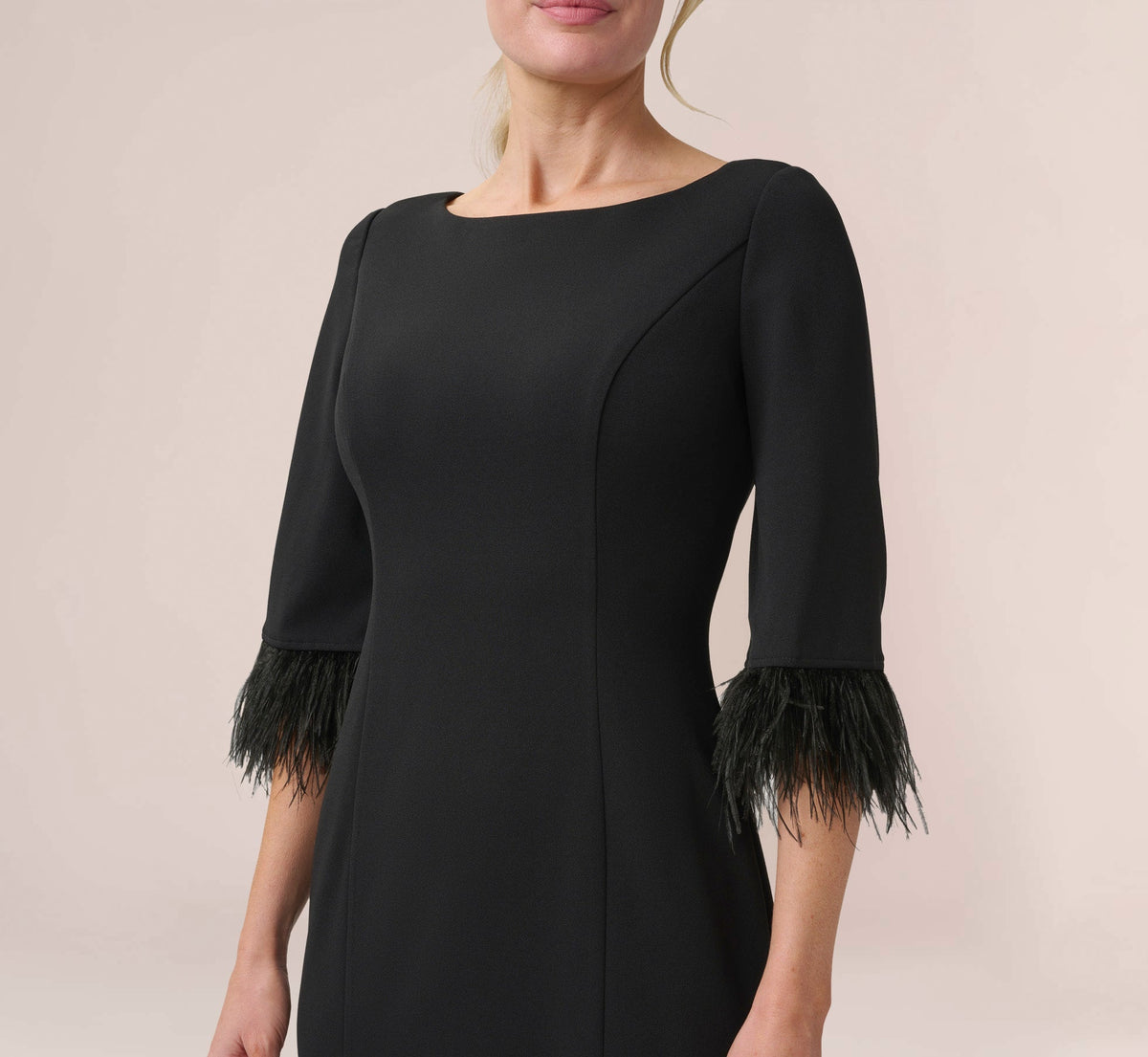 Crepe Sheath Dress With V-Back And Feather-Trim Sleeves - Black | Adrianna Papell