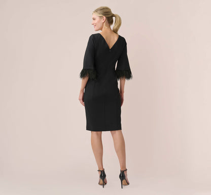 Crepe Sheath Dress With V-Back And Feather-Trim Sleeves - Black | Adrianna Papell