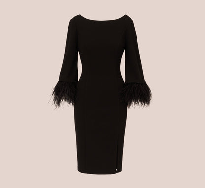 Crepe Sheath Dress With V-Back And Feather-Trim Sleeves - Black | Adrianna Papell