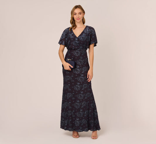 Floral Burnout Velvet Long Blouson Gown - Midnight | Adrianna Papell