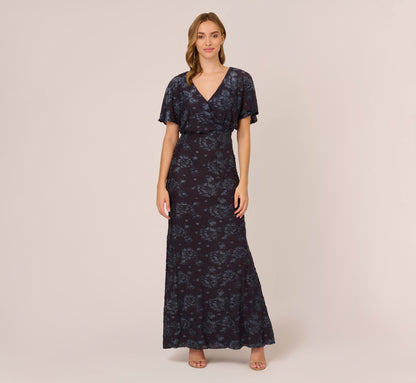 Floral Burnout Velvet Long Blouson Gown - Midnight | Adrianna Papell