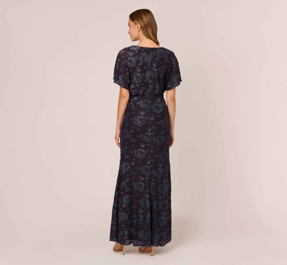 Floral Burnout Velvet Long Blouson Gown - Midnight | Adrianna Papell
