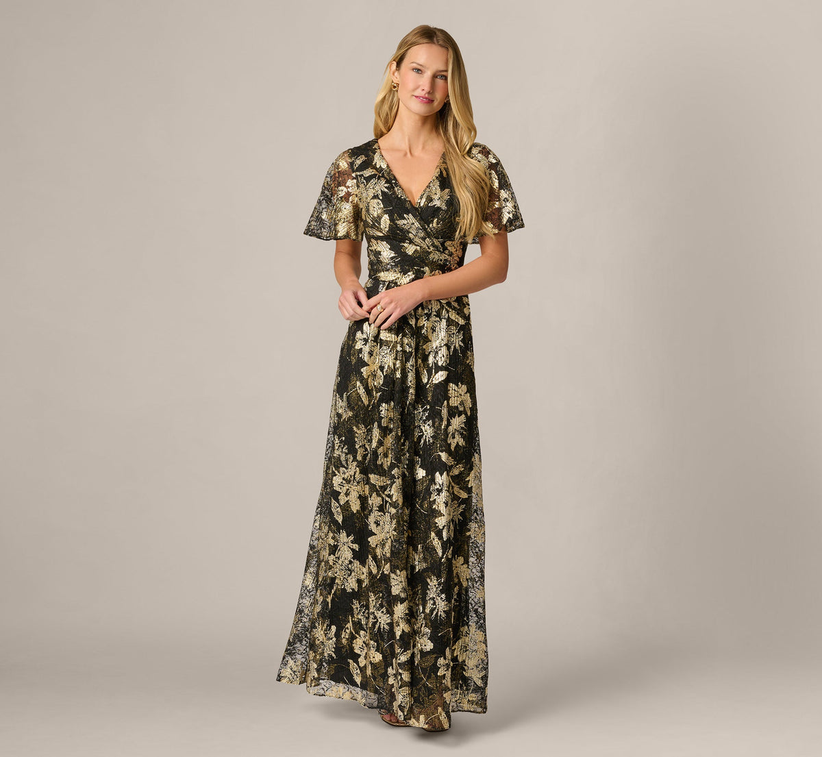 Short Sleeve Metallic Floral Stretch Lace Draped Gown - Black Gold | Adrianna Papell