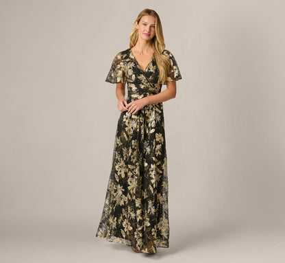Short Sleeve Metallic Floral Stretch Lace Draped Gown - Black Gold | Adrianna Papell