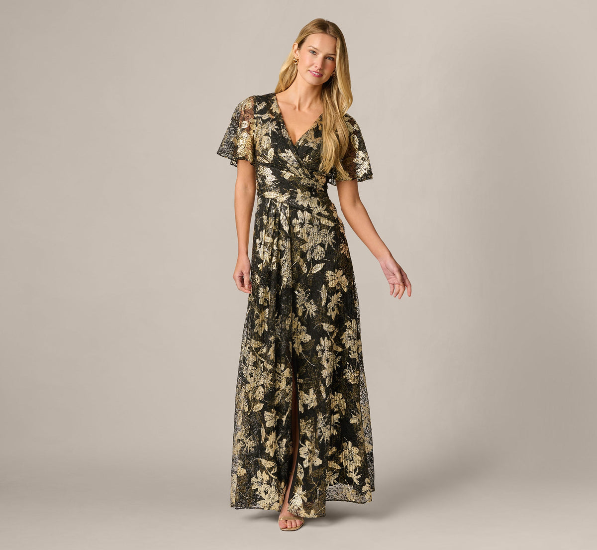 Short Sleeve Metallic Floral Stretch Lace Draped Gown - Black Gold | Adrianna Papell