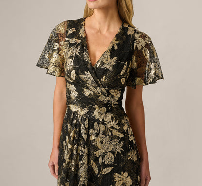 Short Sleeve Metallic Floral Stretch Lace Draped Gown - Black Gold | Adrianna Papell