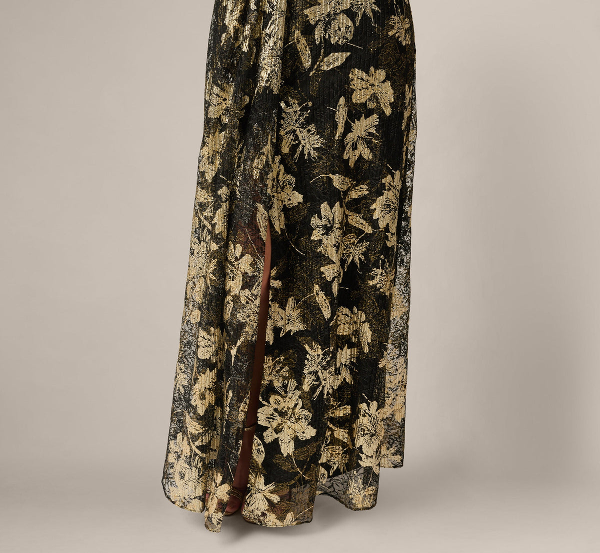 Short Sleeve Metallic Floral Stretch Lace Draped Gown - Black Gold | Adrianna Papell