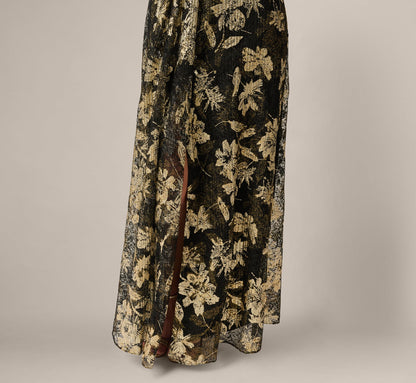 Short Sleeve Metallic Floral Stretch Lace Draped Gown - Black Gold | Adrianna Papell