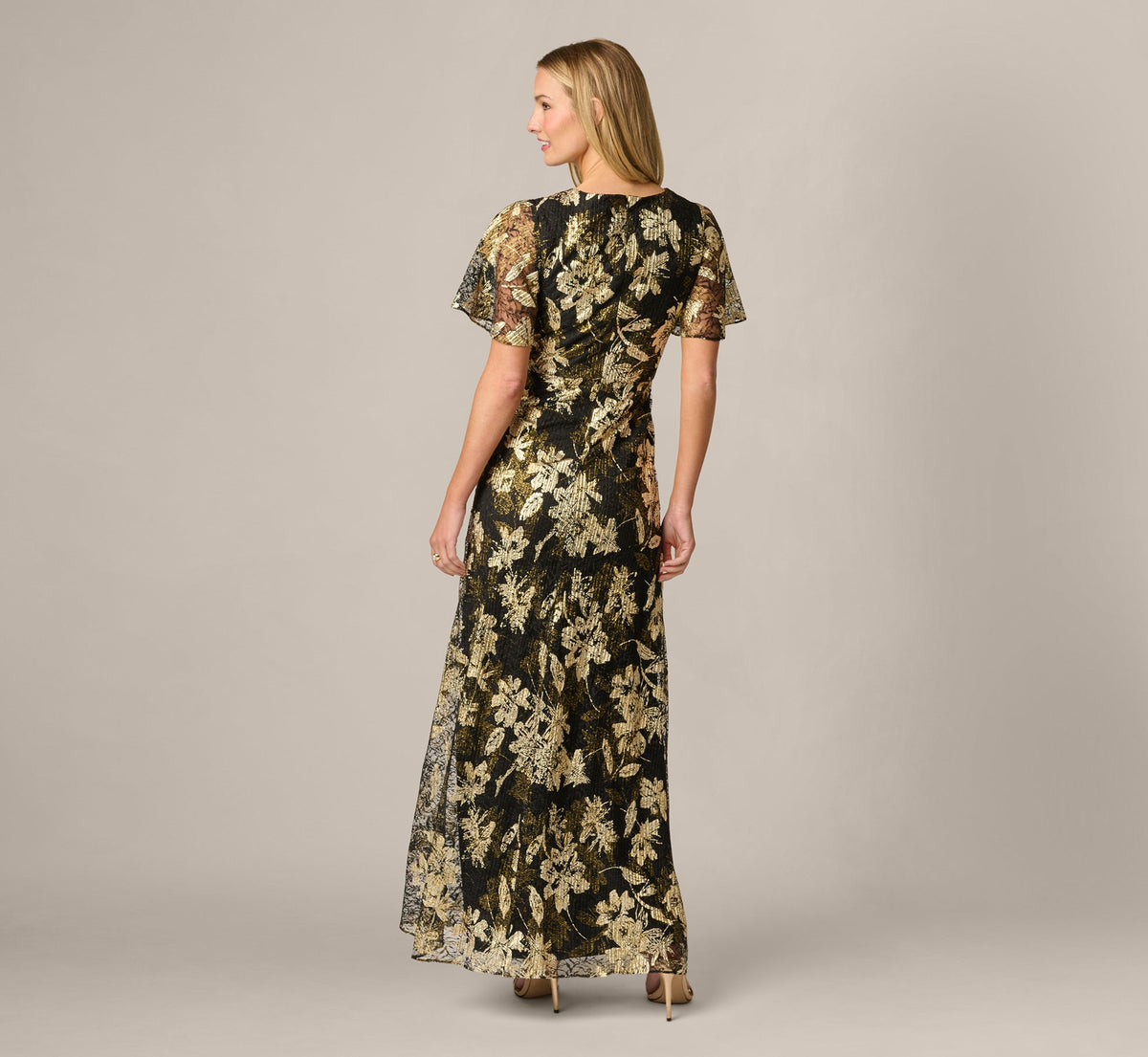 Short Sleeve Metallic Floral Stretch Lace Draped Gown - Black Gold | Adrianna Papell