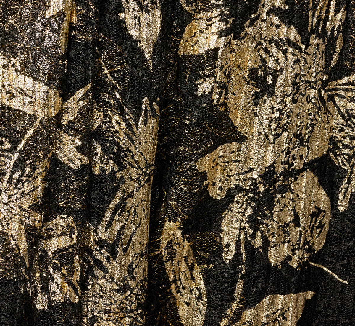 Short Sleeve Metallic Floral Stretch Lace Draped Gown - Black Gold | Adrianna Papell