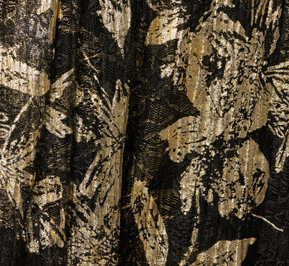Short Sleeve Metallic Floral Stretch Lace Draped Gown - Black Gold | Adrianna Papell