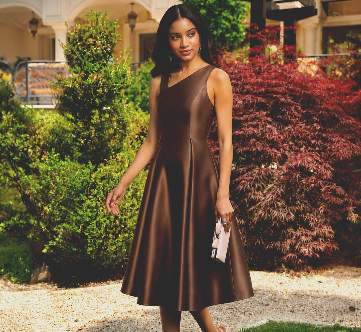Asymmetrical Mikado Fit And Flare Midi Dress - Espresso | Adrianna Papell
