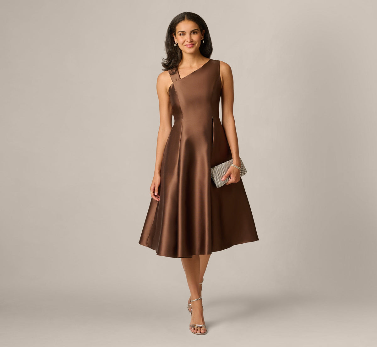 Asymmetrical Mikado Fit And Flare Midi Dress - Espresso | Adrianna Papell
