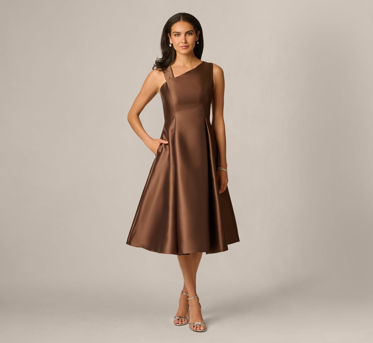 Asymmetrical Mikado Fit And Flare Midi Dress - Espresso | Adrianna Papell