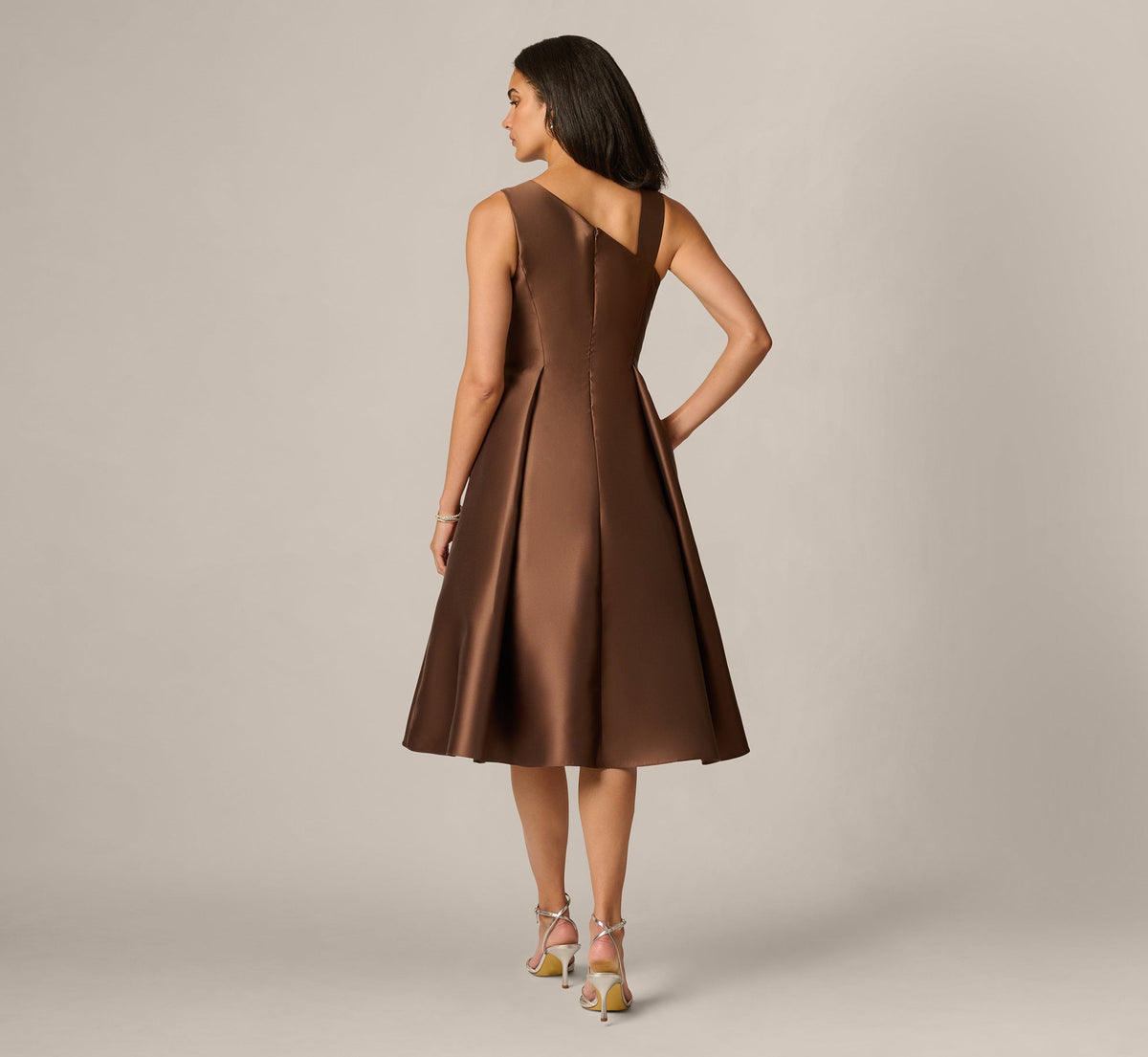 Asymmetrical Mikado Fit And Flare Midi Dress - Espresso | Adrianna Papell