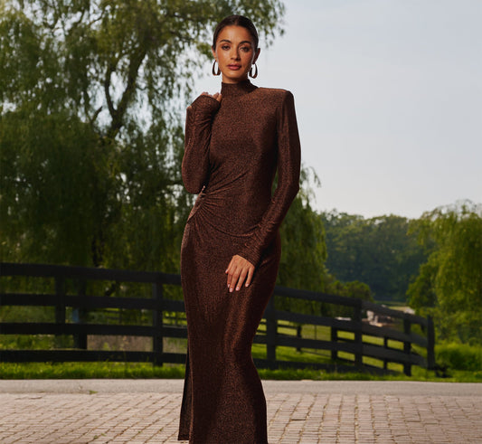 Long Sleeve Shimmer Knit Midi Dress - Bronze Black | Adrianna Papell