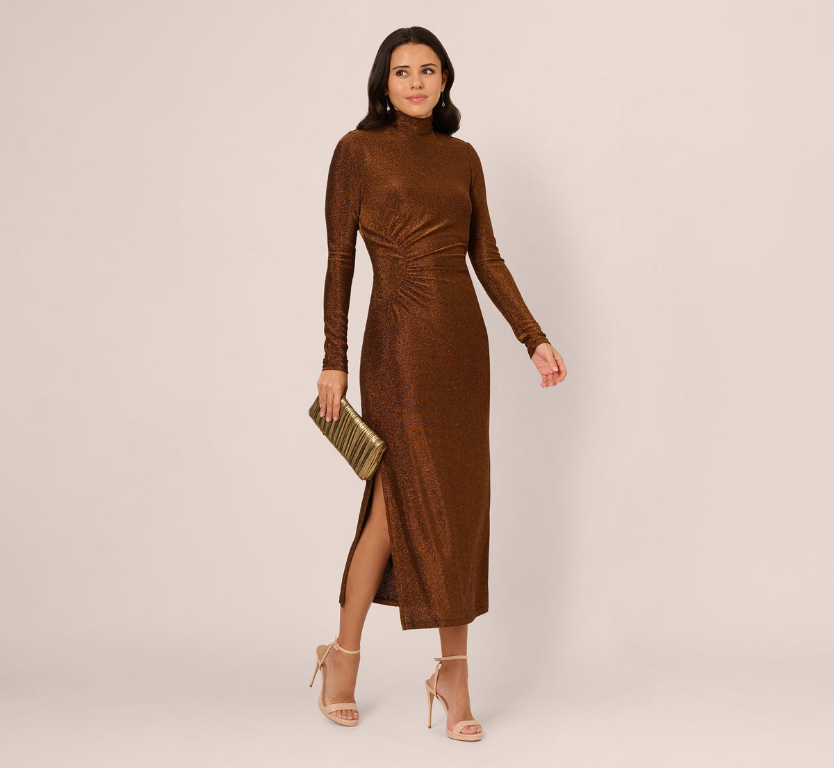 Long Sleeve Shimmer Knit Midi Dress - Bronze Black | Adrianna Papell