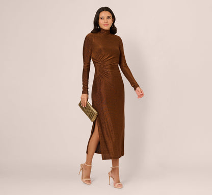 Long Sleeve Shimmer Knit Midi Dress - Bronze Black | Adrianna Papell