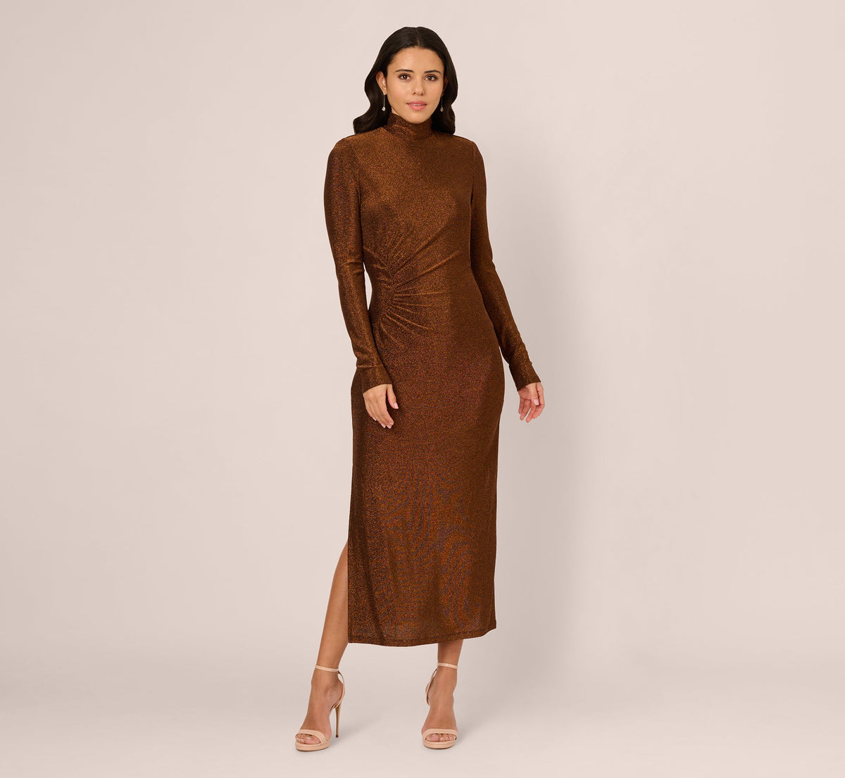 Long Sleeve Shimmer Knit Midi Dress - Bronze Black | Adrianna Papell