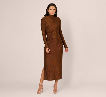 Long Sleeve Shimmer Knit Midi Dress - Bronze Black | Adrianna Papell