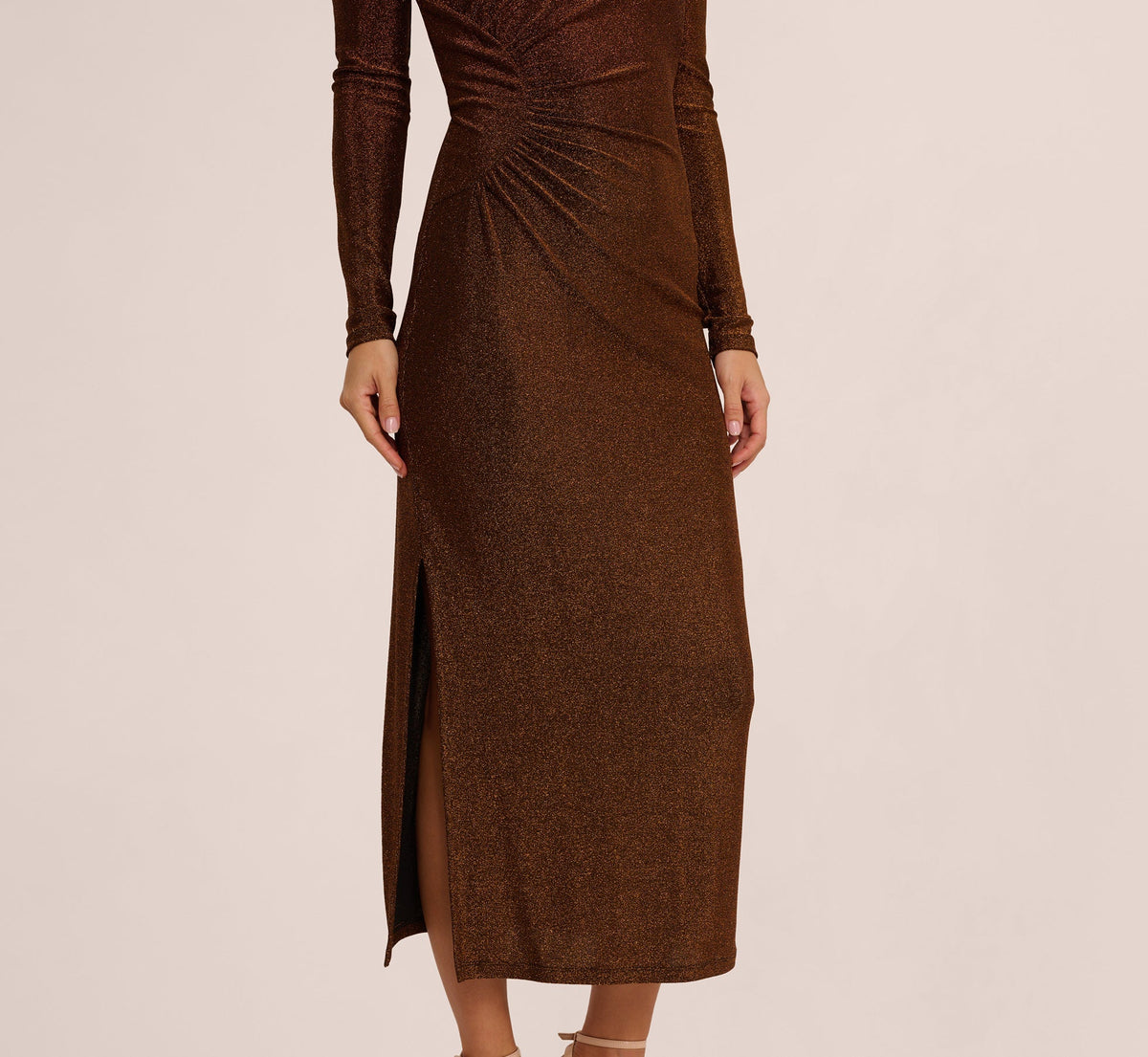 Long Sleeve Shimmer Knit Midi Dress - Bronze Black | Adrianna Papell