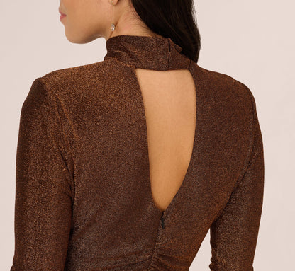 Long Sleeve Shimmer Knit Midi Dress - Bronze Black | Adrianna Papell