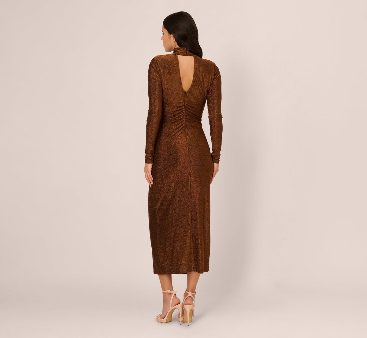 Long Sleeve Shimmer Knit Midi Dress - Bronze Black | Adrianna Papell