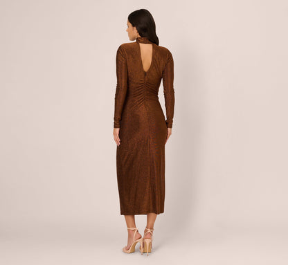 Long Sleeve Shimmer Knit Midi Dress - Bronze Black | Adrianna Papell