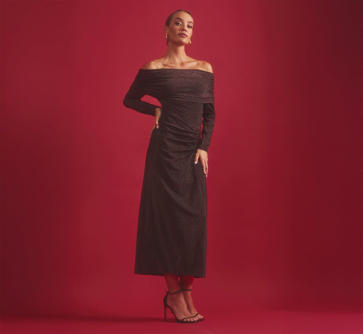 Off Shoulder Long Sleeve Metallic Knit Maxi Dress - Chocolate | Adrianna Papell