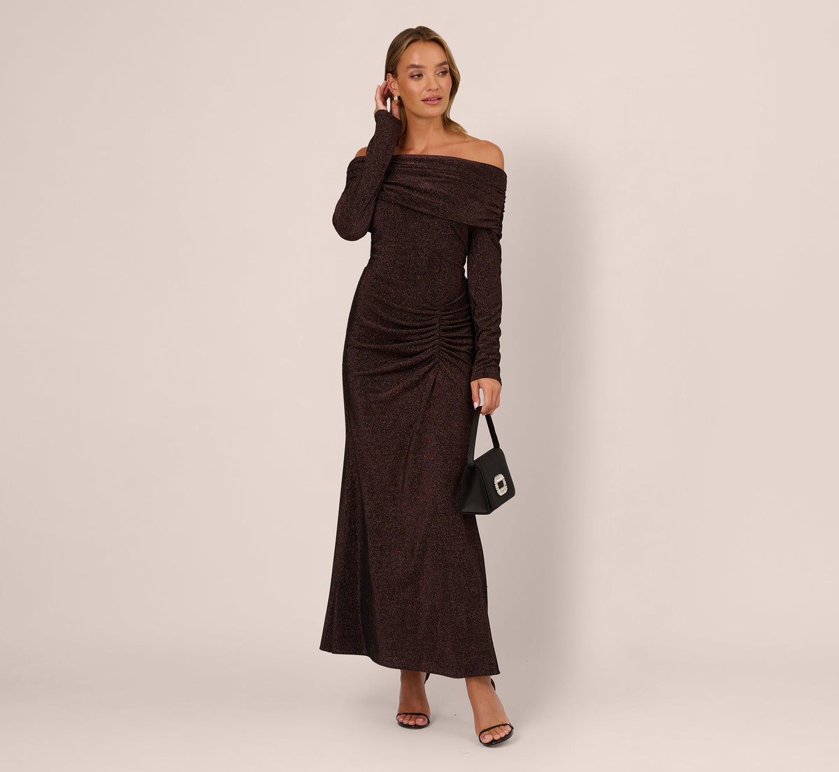 Off Shoulder Long Sleeve Metallic Knit Maxi Dress - Chocolate | Adrianna Papell