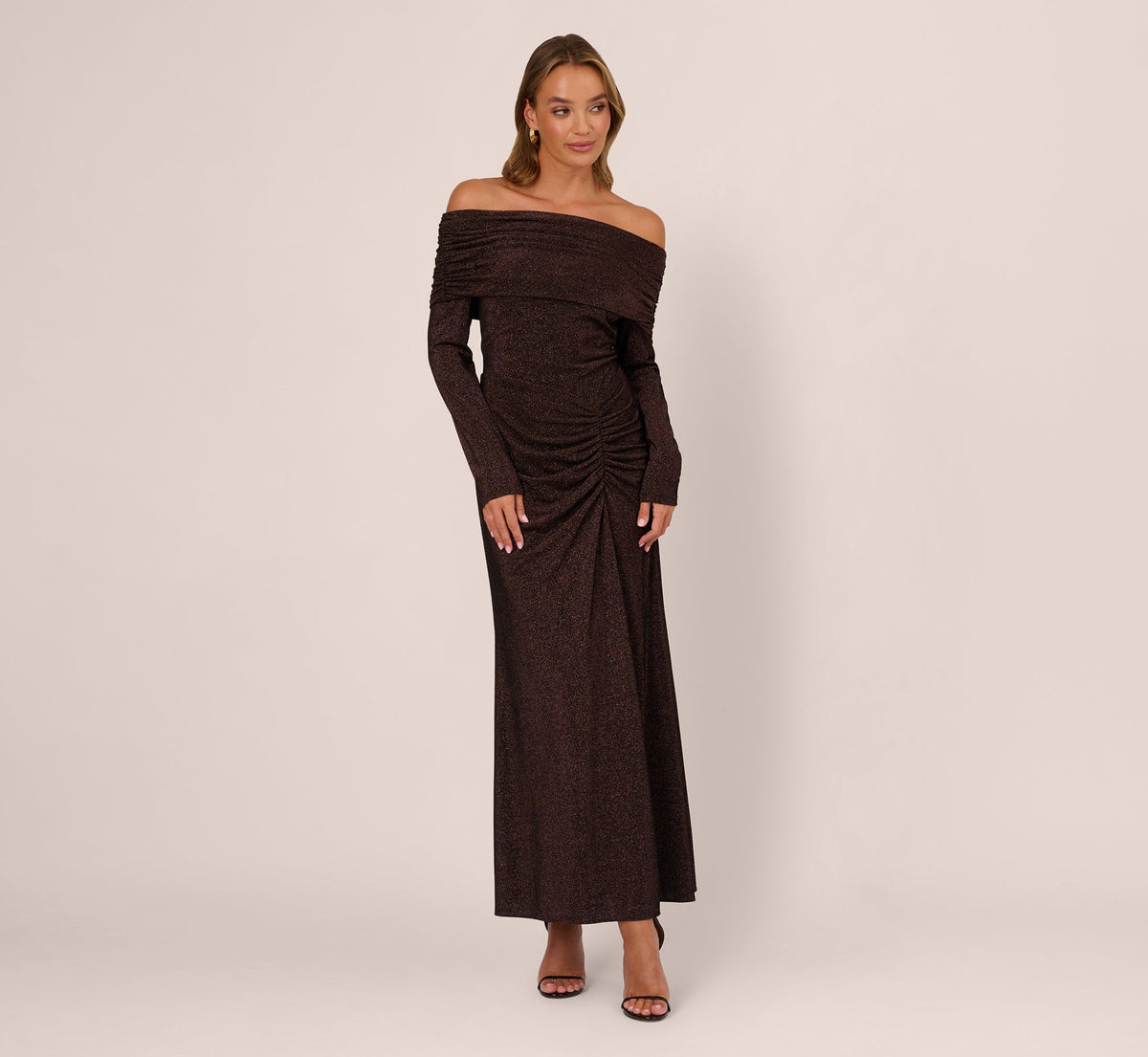 Off Shoulder Long Sleeve Metallic Knit Maxi Dress - Chocolate | Adrianna Papell