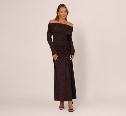 Off Shoulder Long Sleeve Metallic Knit Maxi Dress - Chocolate | Adrianna Papell