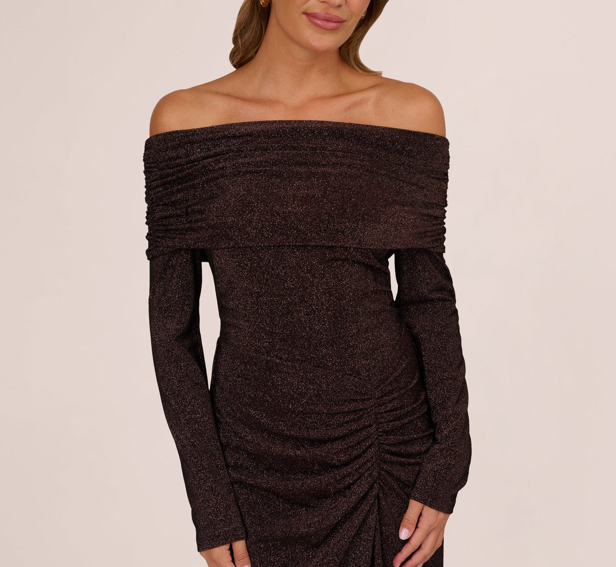 Off Shoulder Long Sleeve Metallic Knit Maxi Dress - Chocolate | Adrianna Papell