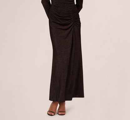 Off Shoulder Long Sleeve Metallic Knit Maxi Dress - Chocolate | Adrianna Papell