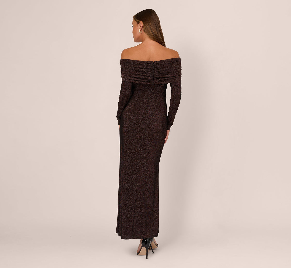 Off Shoulder Long Sleeve Metallic Knit Maxi Dress - Chocolate | Adrianna Papell