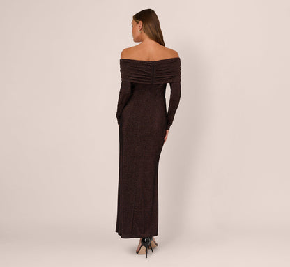 Off Shoulder Long Sleeve Metallic Knit Maxi Dress - Chocolate | Adrianna Papell