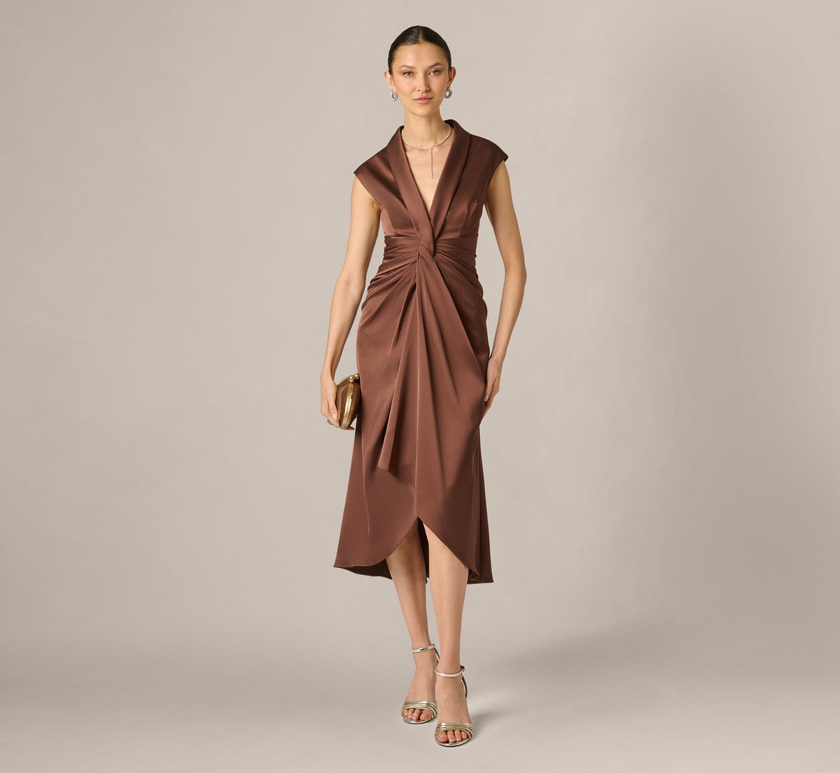 Twist Front Satin High Low Midi Dress - Espresso | Adrianna Papell