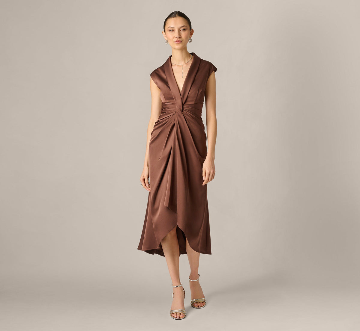Twist Front Satin High Low Midi Dress - Espresso | Adrianna Papell