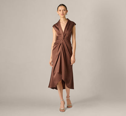 Twist Front Satin High Low Midi Dress - Espresso | Adrianna Papell