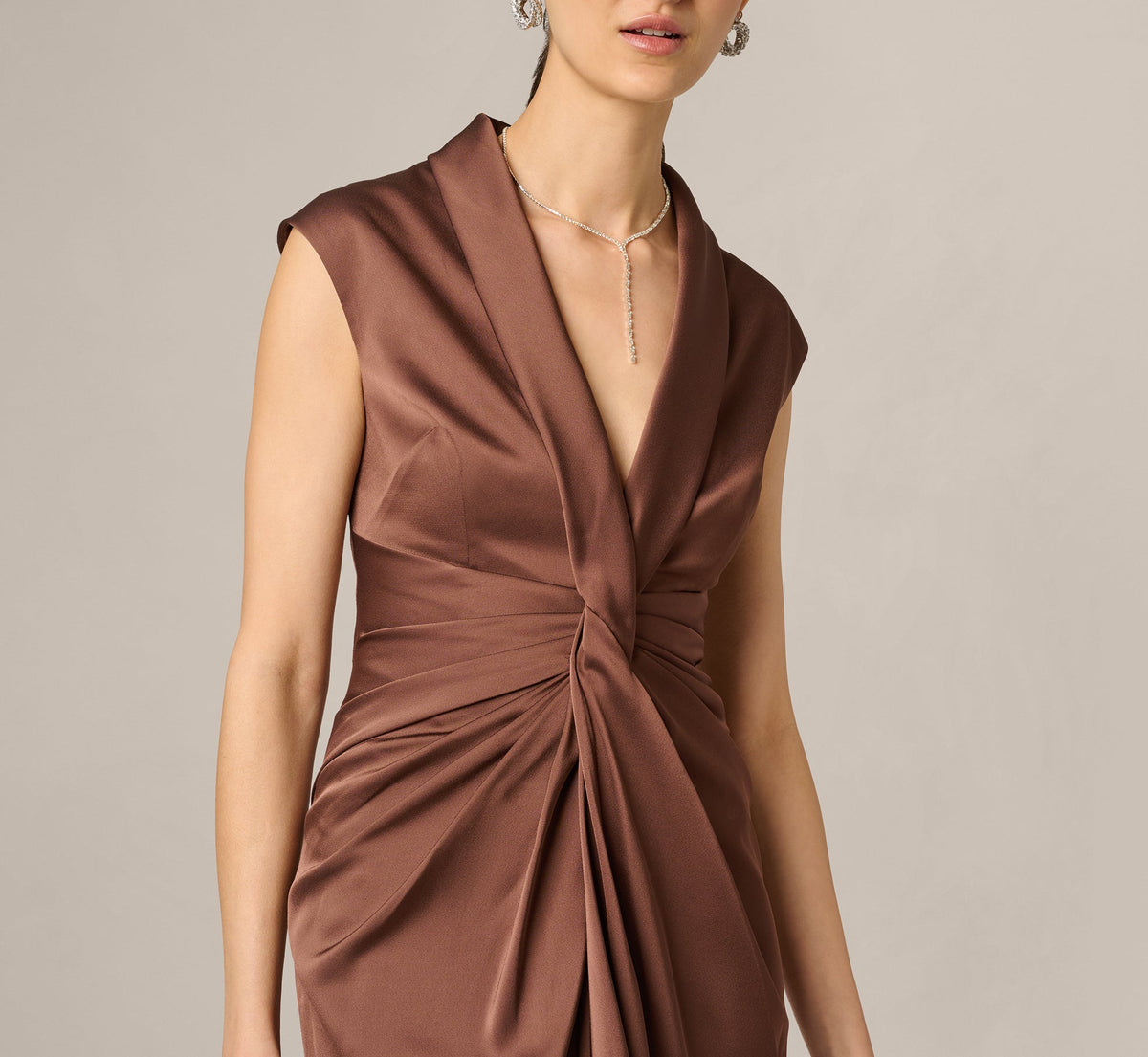 Twist Front Satin High Low Midi Dress - Espresso | Adrianna Papell