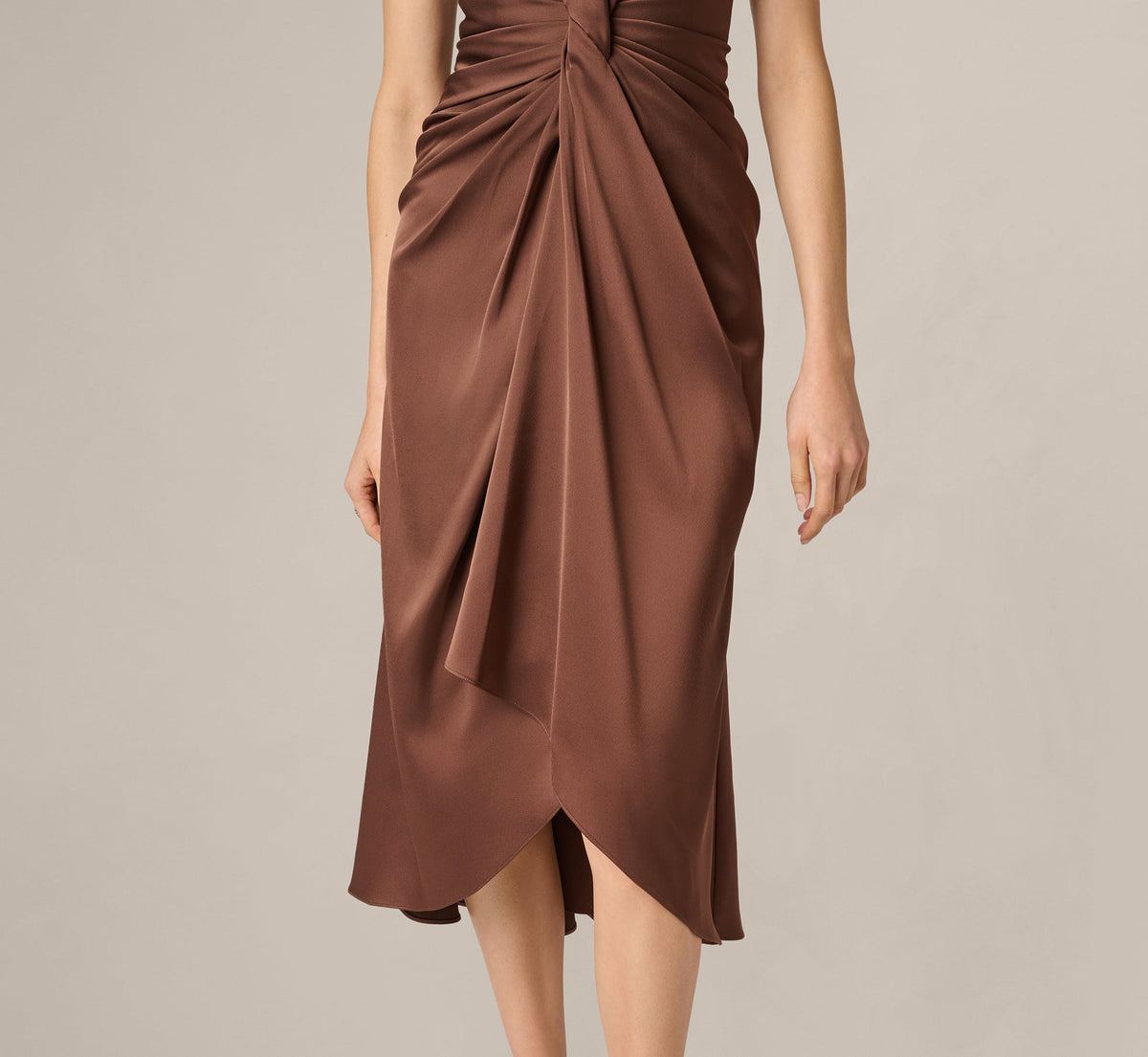Twist Front Satin High Low Midi Dress - Espresso | Adrianna Papell