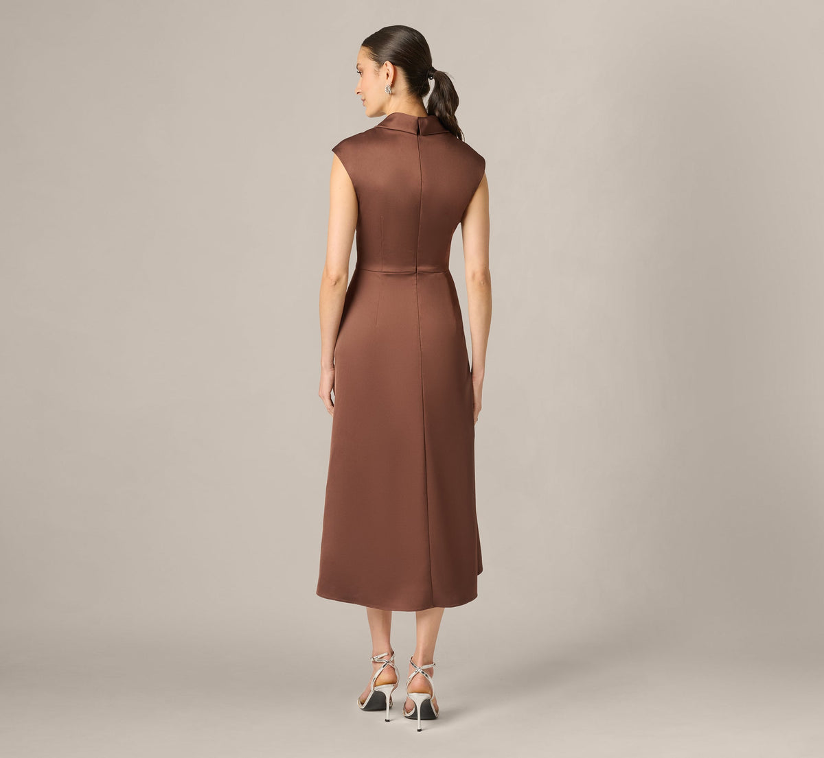 Twist Front Satin High Low Midi Dress - Espresso | Adrianna Papell