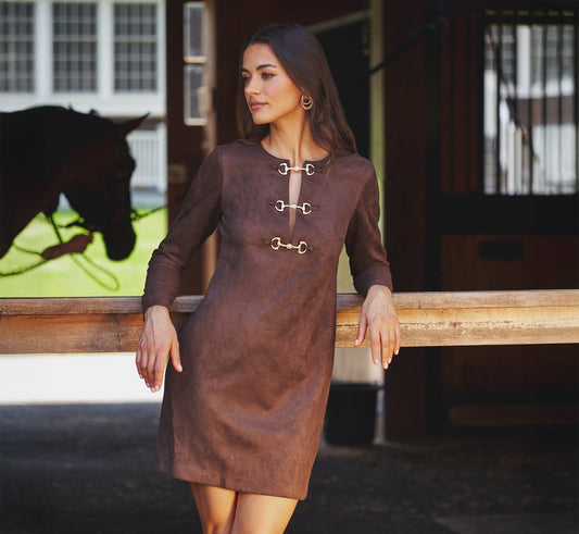Long Sleeve Microsuede Shift Dress - Dark Brown | Adrianna Papell
