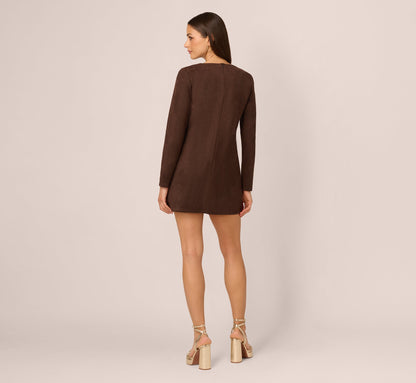 Long Sleeve Microsuede Shift Dress - Dark Brown | Adrianna Papell
