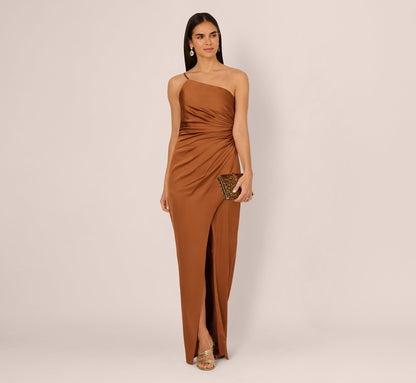 One Shoulder Ruched Satin Gown - Cinnamon | Adrianna Papell