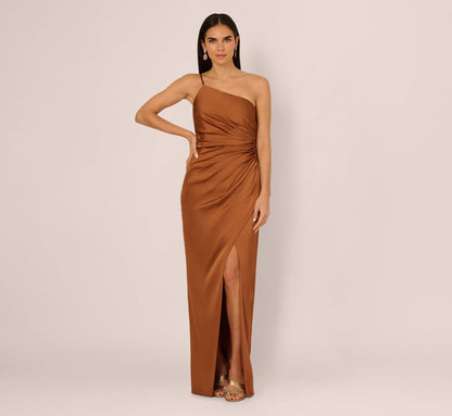 One Shoulder Ruched Satin Gown - Cinnamon | Adrianna Papell