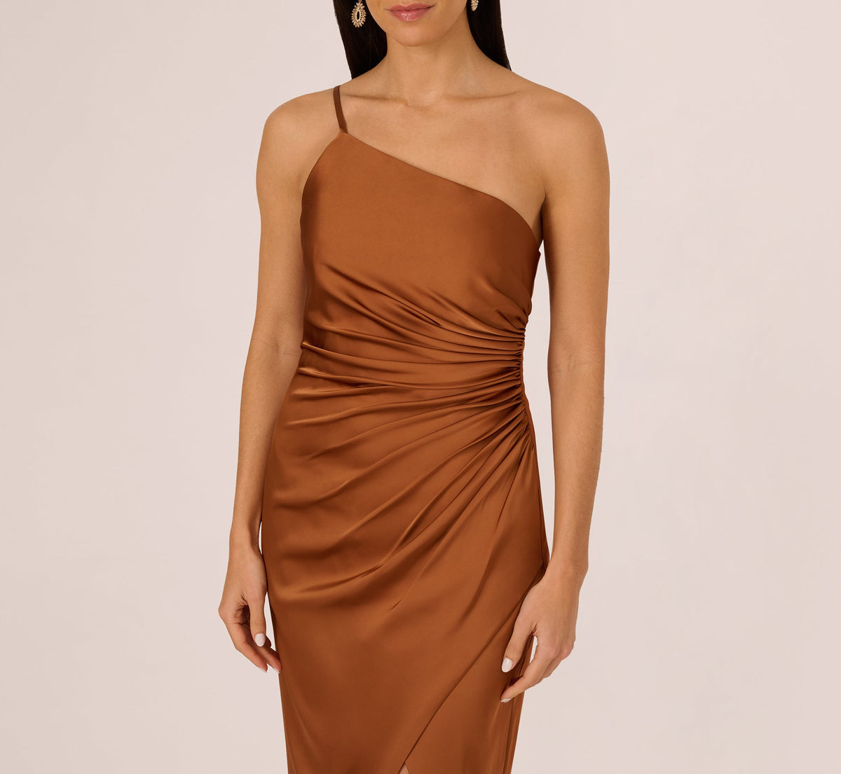 One Shoulder Ruched Satin Gown - Cinnamon | Adrianna Papell